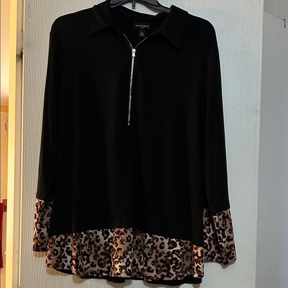 I.N. Studio Black and Leopard Print Blouse